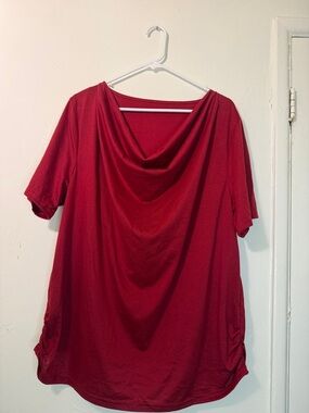 Cowl Neck Ruched Side Short Sleeve Tunic Top in Deep Red - 2XL